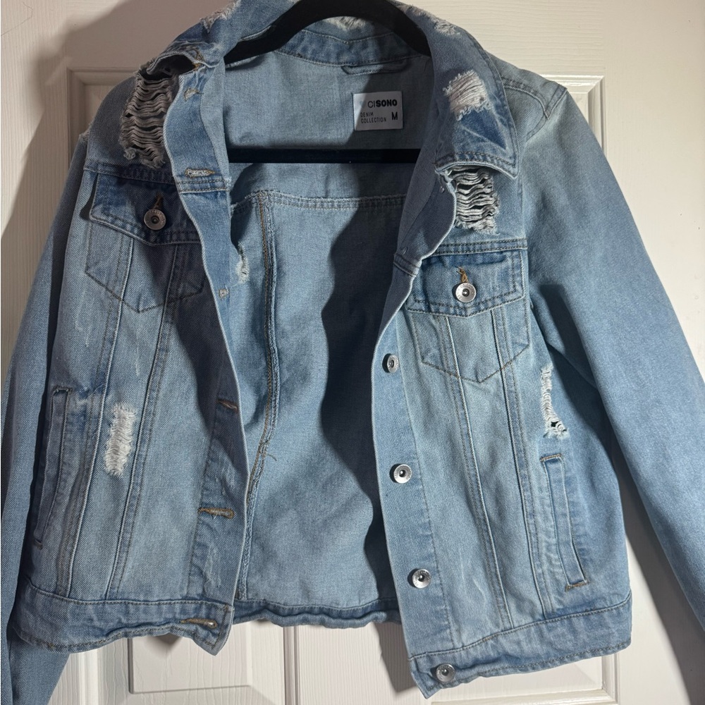 Ci Sono Sky Blue Ripped Denim Jacket